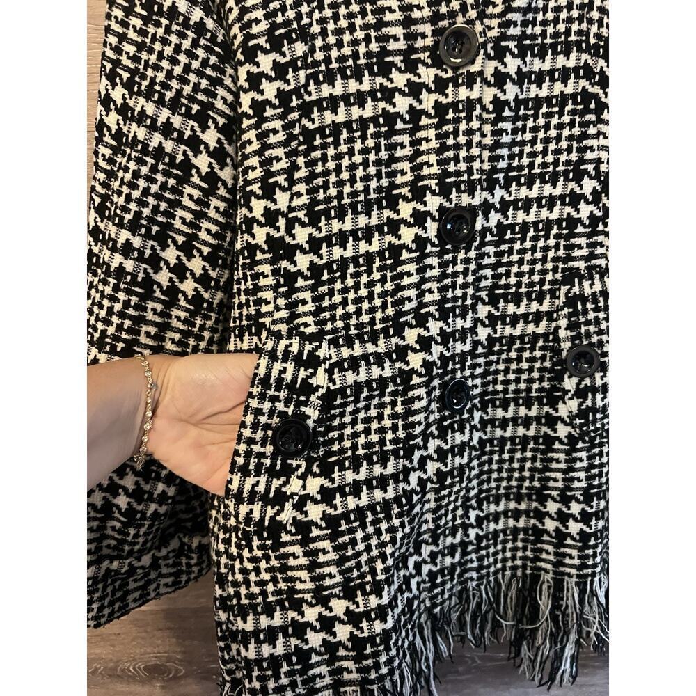 For Cynthia jacket Fringe Sz M Houndstooth Hooded Pockets Black White Classic - Picture 5 of 9